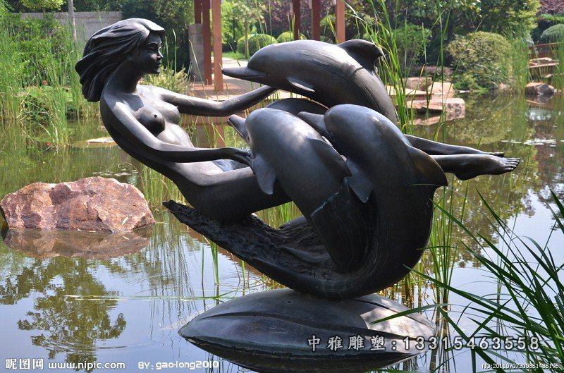 公园景观铜雕美女与海豚铜雕