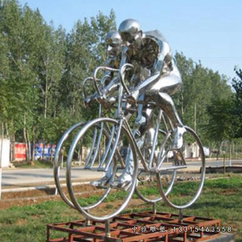 不锈钢骑单车人物雕塑公园景观摆件
