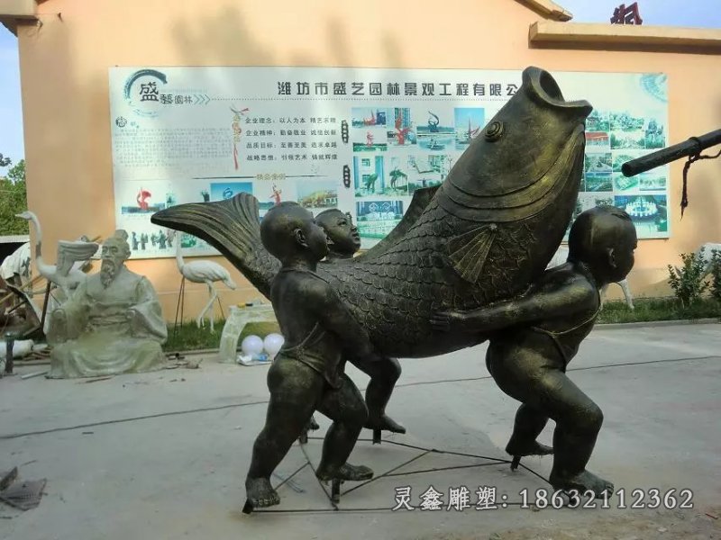 小孩与大鱼铜雕公园景观铜雕
