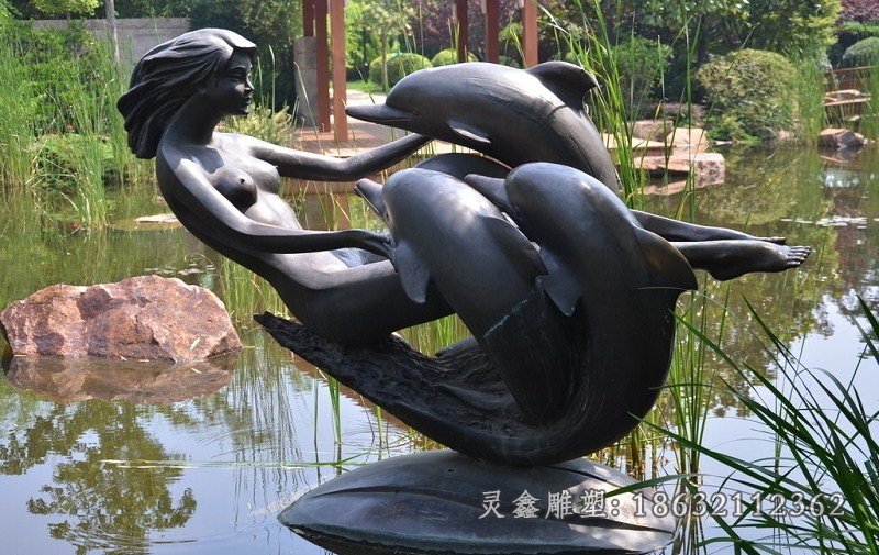 公园景观铜雕美女与海豚铜雕