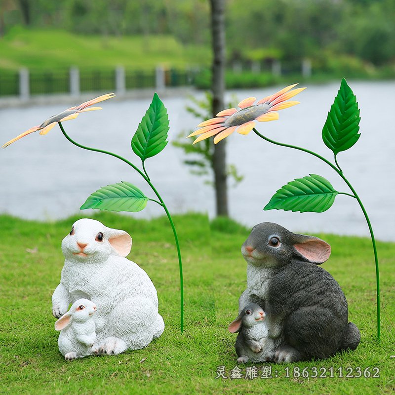 向日葵和母子兔子玻璃钢景观雕塑