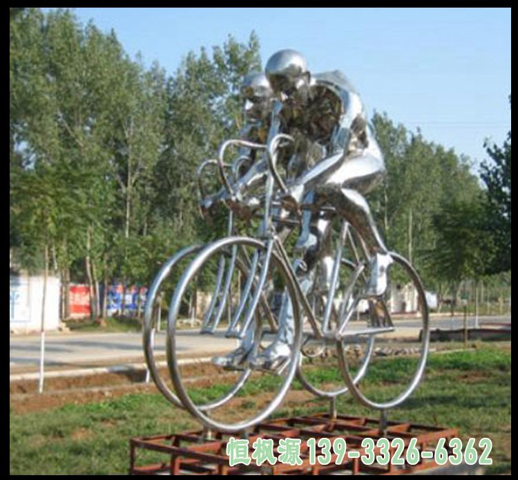 不锈钢骑单车人物雕塑公园景观摆件